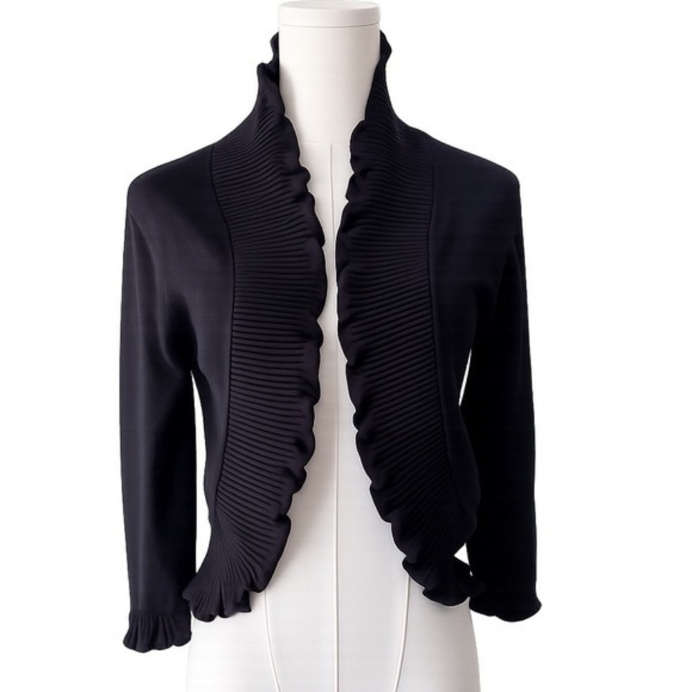 THESIS | Black Pleated Ruffle Open Front Cardigan Petite Small